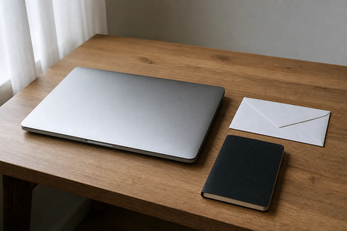Een rustig thuiskantoor met een oude laptop, papieren notities en een klein hardware-apparaat, ongemoeid gelaten