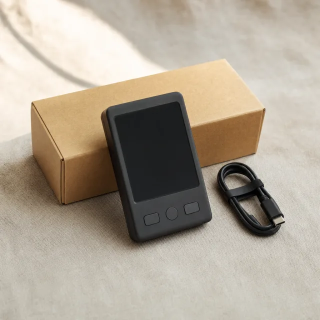 Een hardware wallet naast zijn doos en USB-kabel op een linnen ondergrond