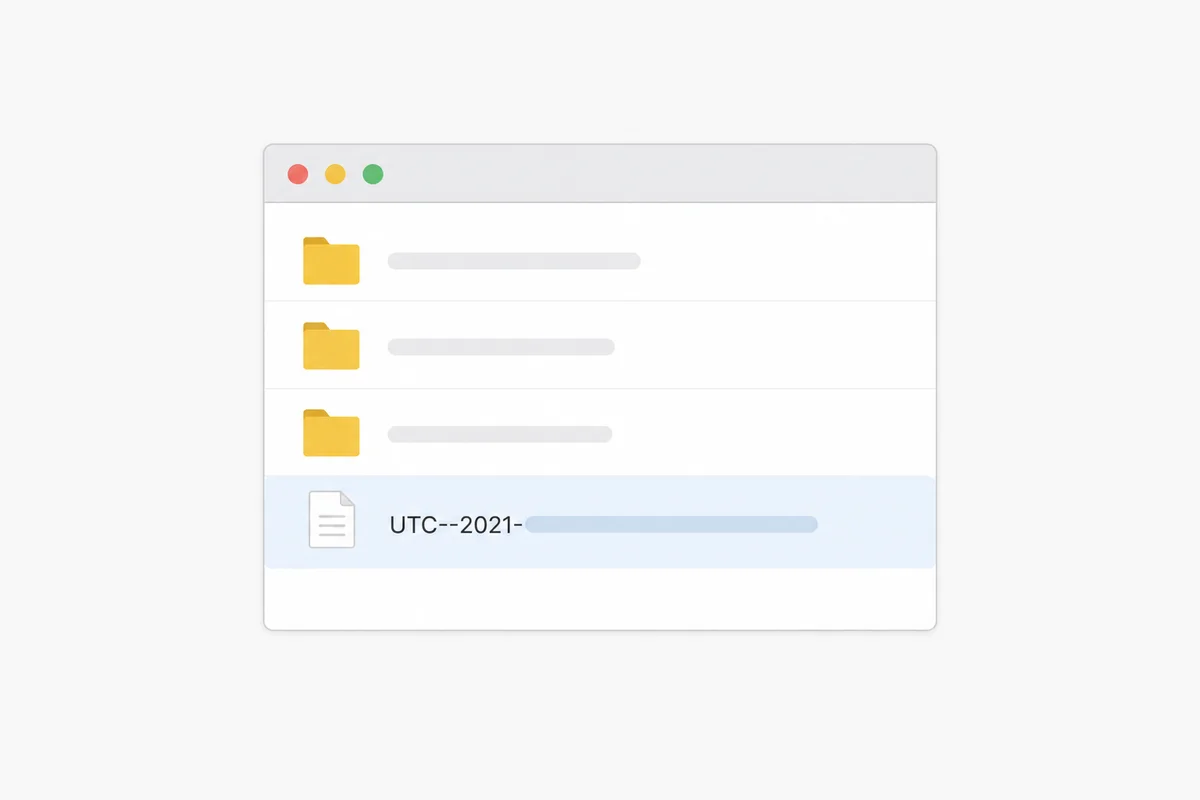 Een bestandsbeheerweergave met een UTC---keystorebestand, een versleuteld Ethereum-sleutelbestand