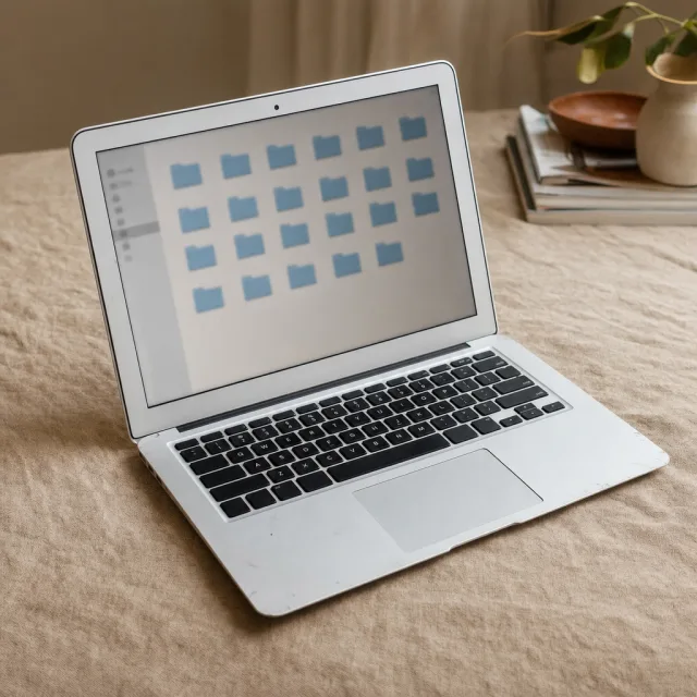 Een oudere laptop met een gebruikte aluminium behuizing op een linnen ondergrond