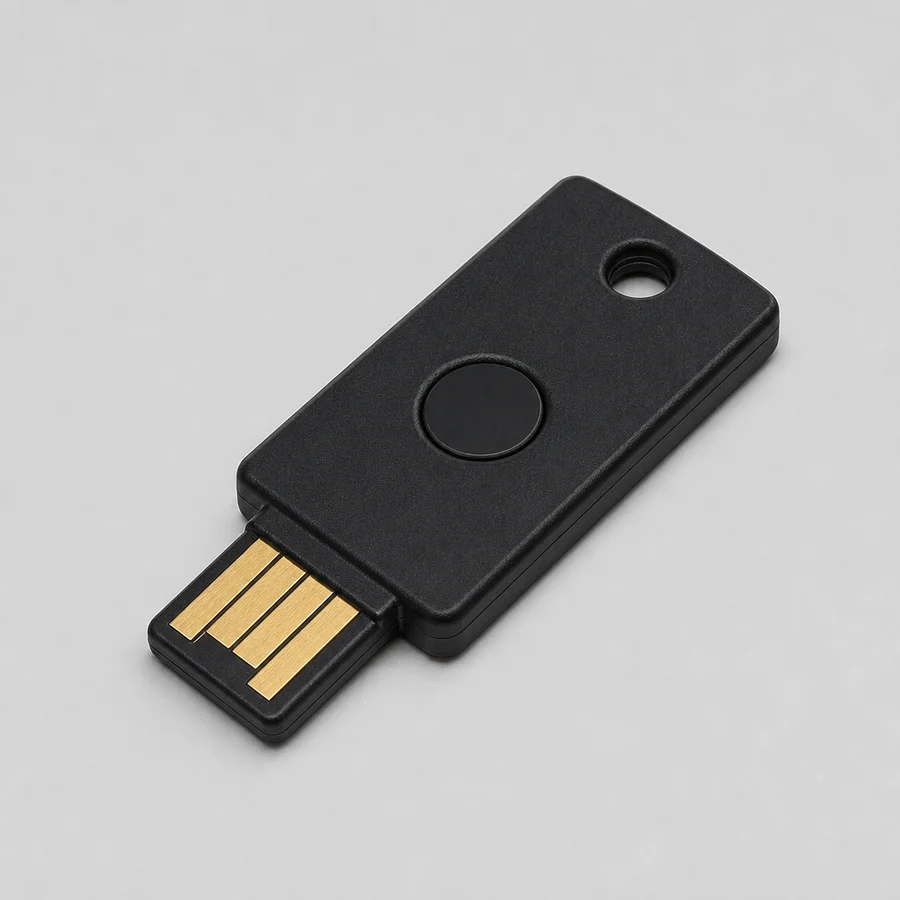 Een hardware security key (een kleine USB-sleutel met een knop), een veelvoorkomend tweede-factormiddel