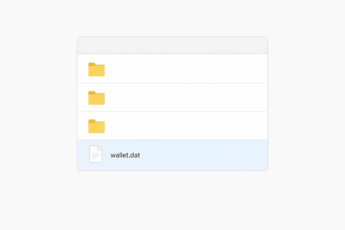 Een bestandsbeheerweergave met een wallet.dat-bestand, het walletbestand van Bitcoin Core en vergelijkbare clients